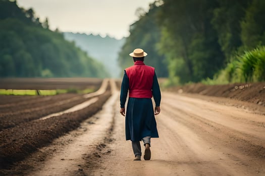 a man in a hat and red coat walking down a dirt road. AI-Generated photo