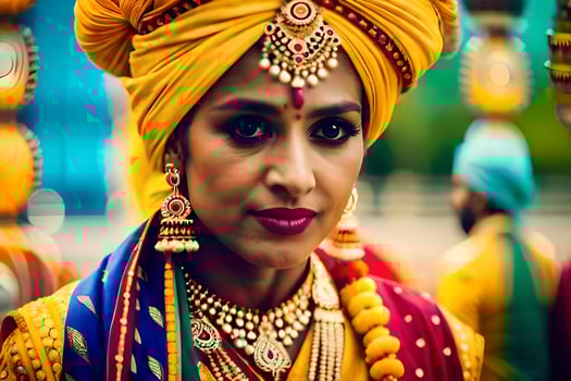 a woman wearing a colorful turban and jewelry. AI-Generated photo