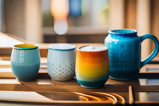 colorful coffee cups and a pitcher on a table. AI-Generated photo