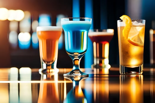 a row of different colored drinks on a bar. AI-Generated photo