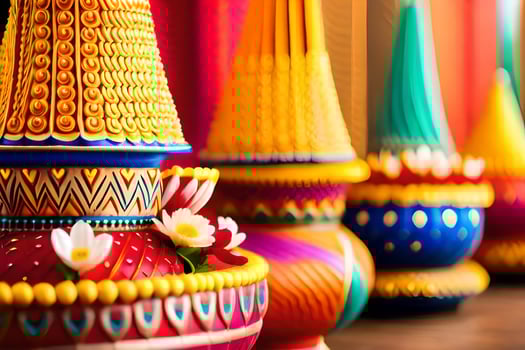 colorful thai vases are lined up on a table. AI-Generated photo