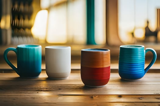 three colorful mugs sitting on a wooden table. AI-Generated photo