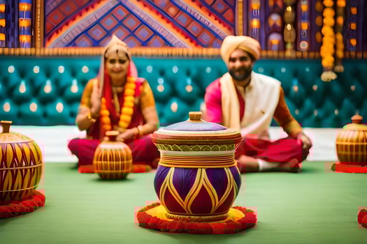 a couple in traditional indian attire sit on the floor with pots. AI-Generated photo