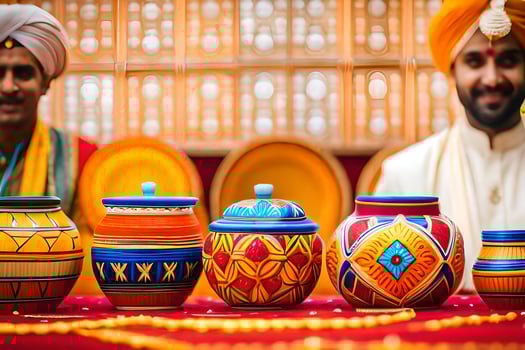 two men in traditional indian garb sit next to colorful pots. AI-Generated photo