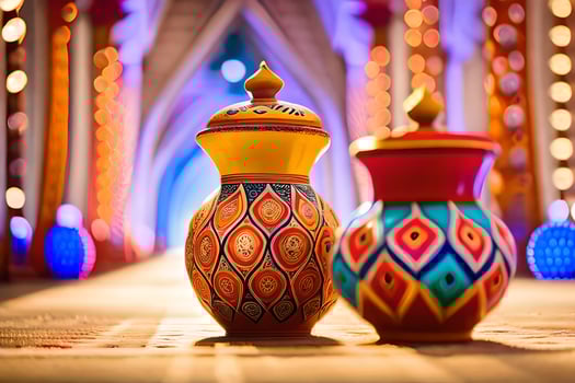 two colorful vases are sitting on a floor. AI-Generated photo