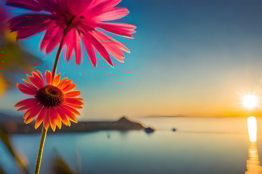 two pink flowers are in front of the sun. AI-Generated photo