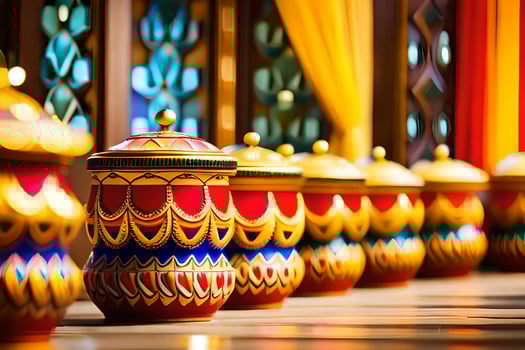 colorful pots lined up in a row. AI-Generated photo