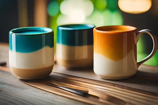 three coffee cups with different colors on a wooden table. AI-Generated photo