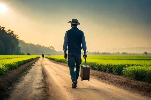 man walking on a dirt road with suitcase. AI-Generated photo