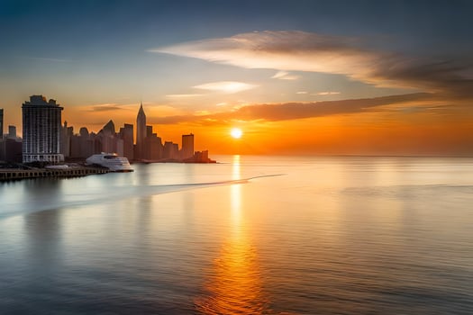 the sun rises over the city skyline in this photo. AI-Generated photo