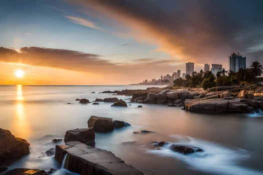 the sun sets over the city skyline in this photo. AI-Generated photo