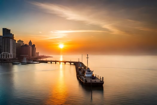 the sun rises over the city skyline in chicago. AI-Generated photo