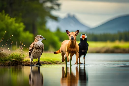 two birds and a dog standing in the water. AI-Generated photo