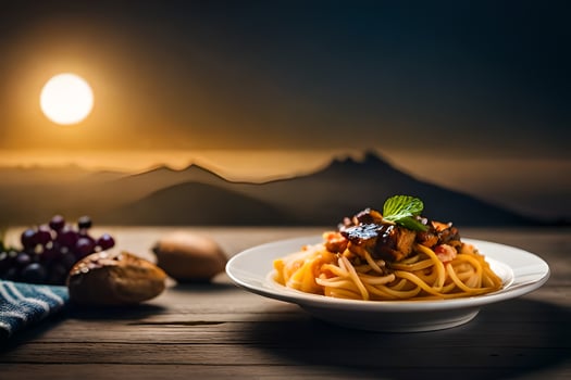 spaghetti with meat and vegetables on a plate. AI-Generated photo