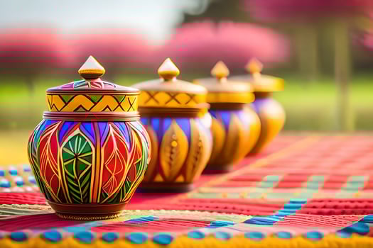 colorful ceramic jars on a table. AI-Generated photo