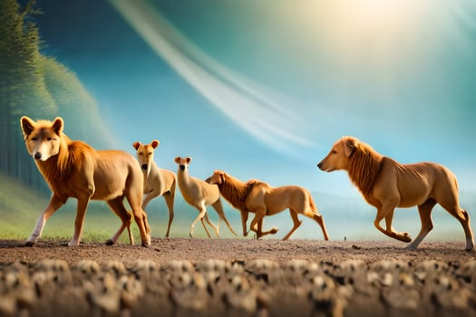 a group of lions walking across a field. AI-Generated photo