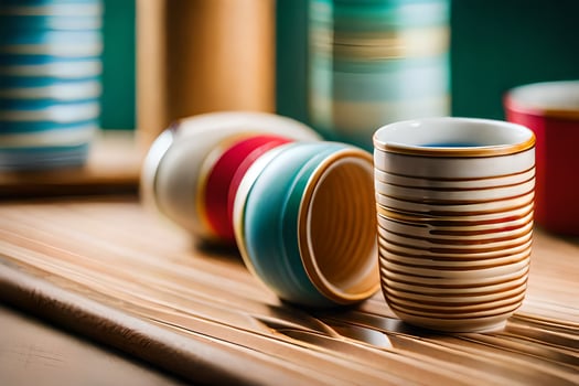colorful cups and bowls on a wooden table. AI-Generated photo