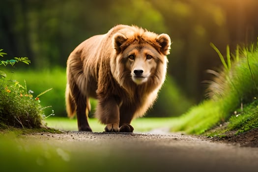 a lion walking down a road in the middle of a forest. AI-Generated photo