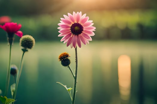 photo wallpaper the sun, flowers, the lake, the sun, the flowers, the lake,. AI-Generated