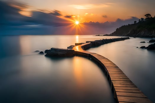 a wooden boardwalk leads to the ocean at sunset. AI-Generated photo