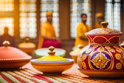 indian pottery on display in a room with people in the background. AI-Generated photo