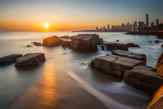 the sun sets over the city skyline in chicago. AI-Generated photo