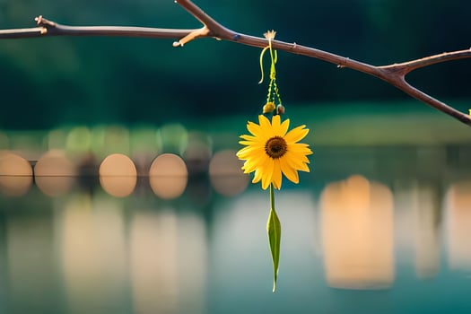 a yellow sunflower hanging from a branch near a lake. AI-Generated photo