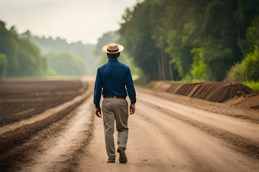 a man in a hat walks down a dirt road. AI-Generated photo