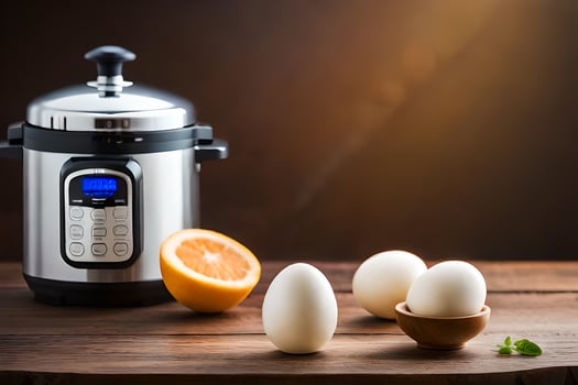 an electric pressure cooker with eggs and oranges. AI-Generated photo