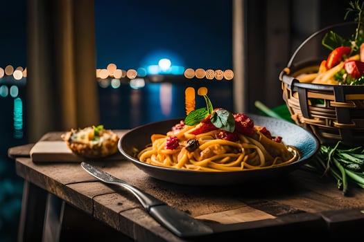 a plate of pasta with tomatoes and basil on a wooden table. AI-Generated photo
