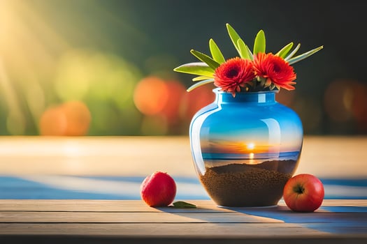 a vase with flowers and apples on a table. AI-Generated photo