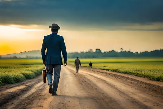 a man in a suit walks down a dirt road. AI-Generated photo