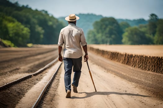 a man walking on a railroad track. AI-Generated photo
