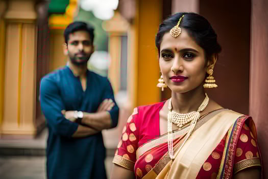 a woman in traditional sari standing next to a man in a suit. AI-Generated photo