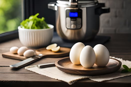 eggs on a wooden board next to an instant pot. AI-Generated photo