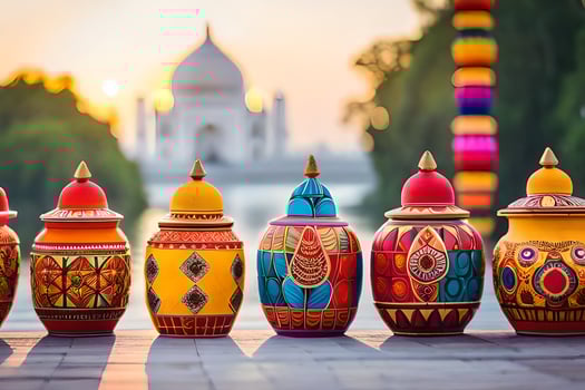 indian pottery vases with taj mahal in background. AI-Generated photo
