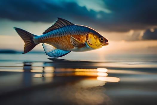 a fish is swimming in the ocean at sunset. AI-Generated photo