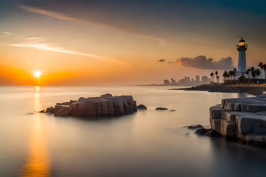 the sun sets over the ocean and a lighthouse. AI-Generated photo