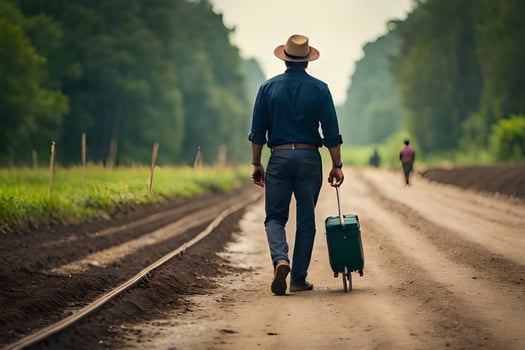 a man with a hat and a suitcase walking down a dirt road. AI-Generated photo