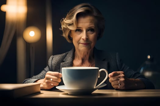 an older woman sitting at a table with a cup of coffee. AI-Generated photo