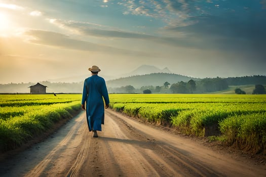 a man in a blue dress walks down a dirt road in a field. AI-Generated photo