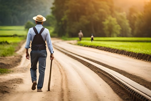a man walking down a dirt road with a cane. AI-Generated photo