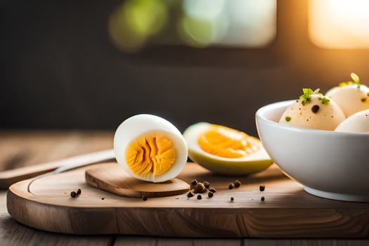 a bowl of boiled eggs on a cutting board. AI-Generated photo