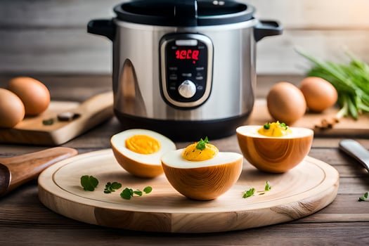 eggs on a cutting board next to an instant pot. AI-Generated photo