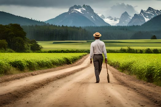 a man walking down a dirt road with a cane. AI-Generated photo