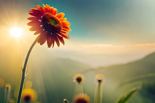 a single flower is in the foreground with the sun shining behind it. AI-Generated photo