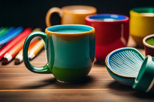 colorful coffee cups and pencils on a wooden table. AI-Generated photo