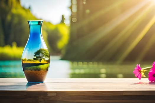 a vase with flowers on a table in front of a lake. AI-Generated photo