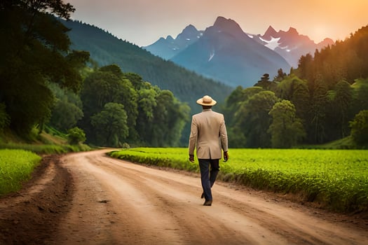 a man in a suit walks down a dirt road in front of a green field. AI-Generated photo