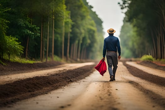 man walking down dirt road with red umbrella. AI-Generated photo